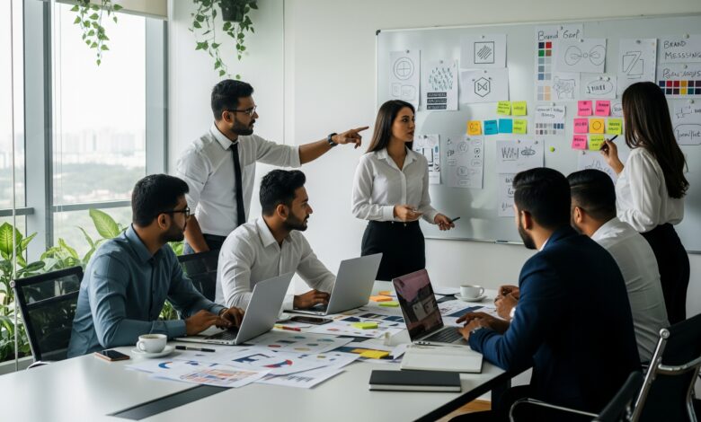 Branding team in Chennai brainstorming creative strategies for business identity