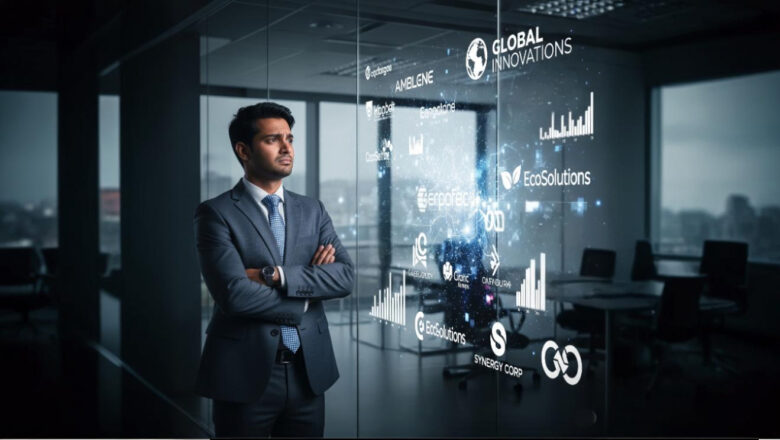 Happy Indian business manager in formal attire smiling while reviewing futuristic branding visuals and growth charts on a digital screen