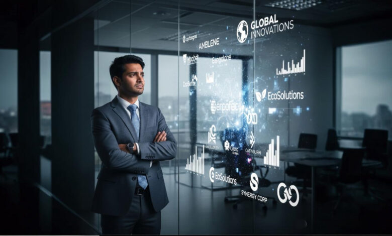 Happy Indian business manager in formal attire smiling while reviewing futuristic branding visuals and growth charts on a digital screen