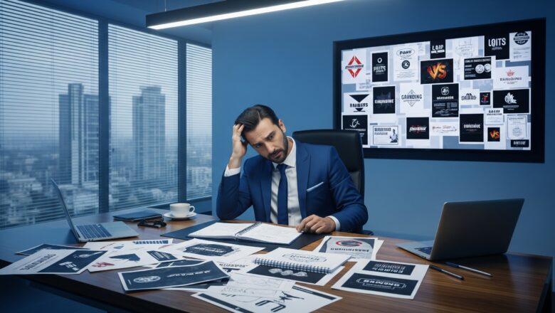 Team brainstorming branding and marketing strategies in a corporate workshop