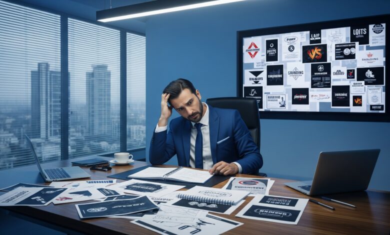 Team brainstorming branding and marketing strategies in a corporate workshop