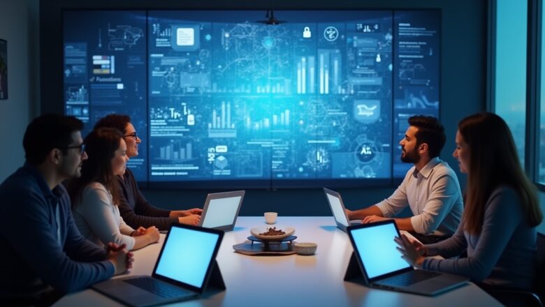 Facebook AI-powered campaign insights feature showing marketers reviewing analytics and optimization strategies in a modern office