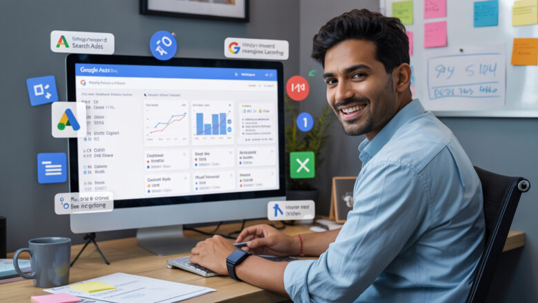 Digital marketer analyzing AI-powered search ad performance on Google Ads dashboard, with optimization tools and analytics