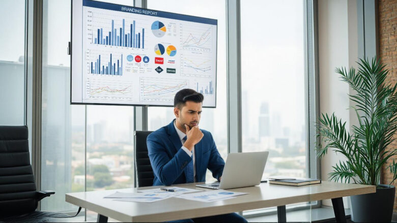 Indian manager in office looking thoughtful at laptop with complex branding report on large screen