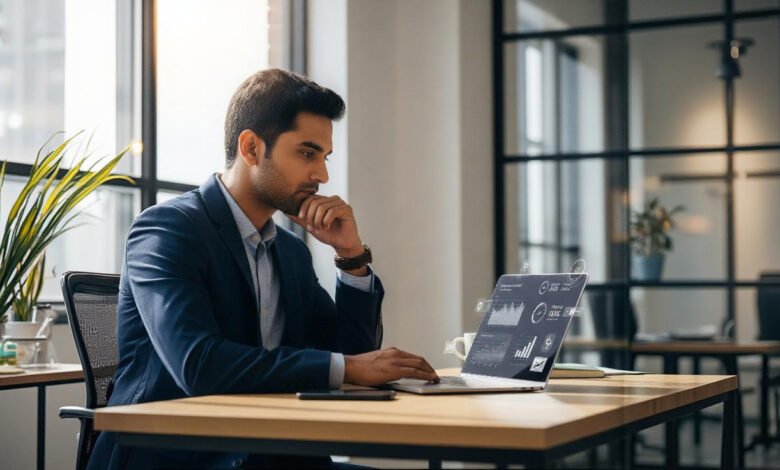 Indian manager thoughtfully reviewing branding data on laptop