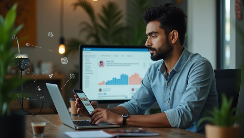 Indian marketer analyzing Instagram’s AI-powered ad insights dashboard on a laptop, reviewing real-time campaign performance and targeting analytics.