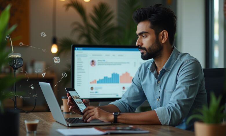 Indian marketer analyzing Instagram’s AI-powered ad insights dashboard on a laptop, reviewing real-time campaign performance and targeting analytics.