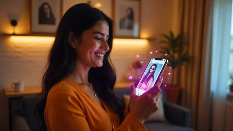 User trying on sunglasses using Instagram AR shopping ad with AI-powered product suggestions in the mobile app