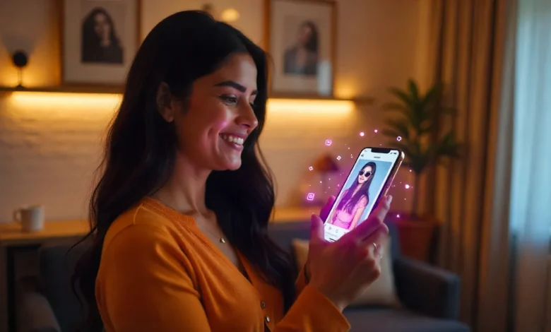 User trying on sunglasses using Instagram AR shopping ad with AI-powered product suggestions in the mobile app