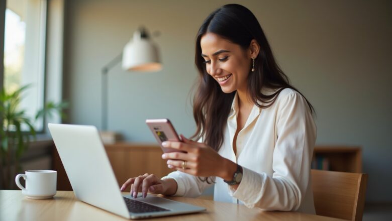 An Indian female entrepreneur interacting with Instagram's AI-Based Product Tagging feature on her smartphone, showcasing a seamless shopping experience.