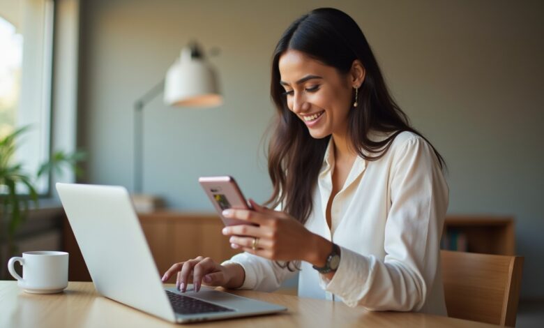 An Indian female entrepreneur interacting with Instagram's AI-Based Product Tagging feature on her smartphone, showcasing a seamless shopping experience.