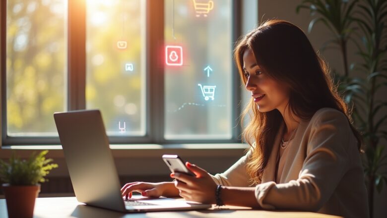 Businesswoman using Instagram AI-Driven Shopping Ads dashboard on mobile and laptop to manage sales growth.