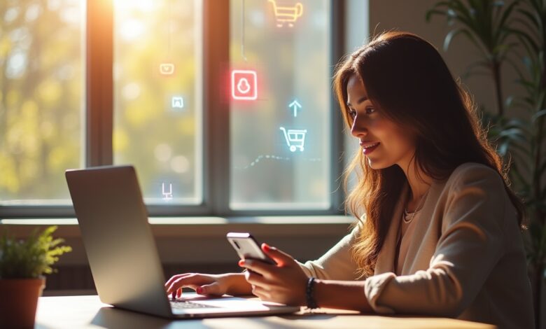 Businesswoman using Instagram AI-Driven Shopping Ads dashboard on mobile and laptop to manage sales growth.