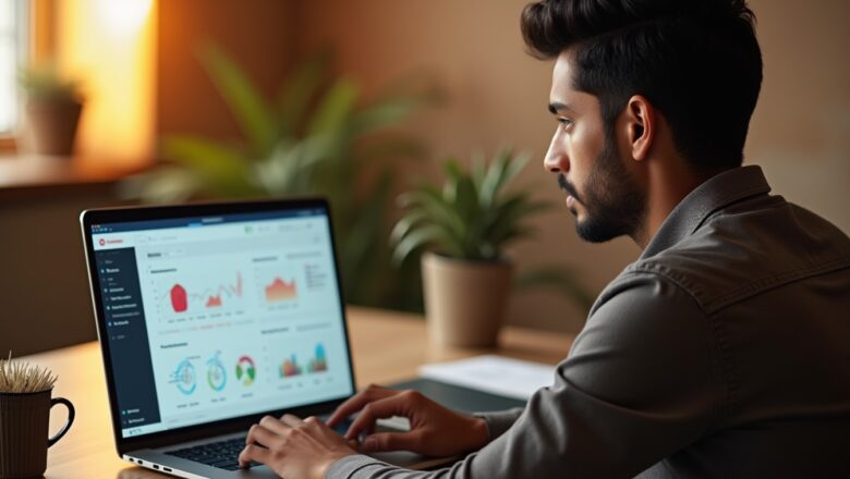 An Indian professional analyzing Instagram’s AI-Powered Ad Targeting insights on a laptop, optimizing ad campaigns for retail businesses.