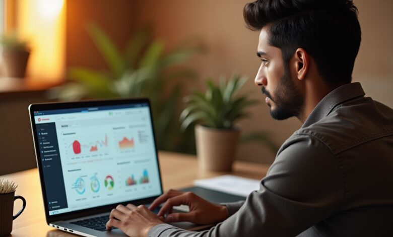 An Indian professional analyzing Instagram’s AI-Powered Ad Targeting insights on a laptop, optimizing ad campaigns for retail businesses.