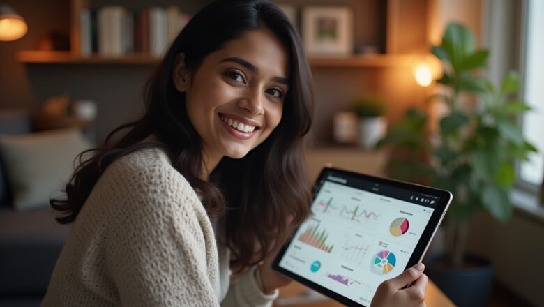 An Indian female content creator smiling and interacting with Instagram’s AI-powered insights on her tablet in a cozy, creative home office.