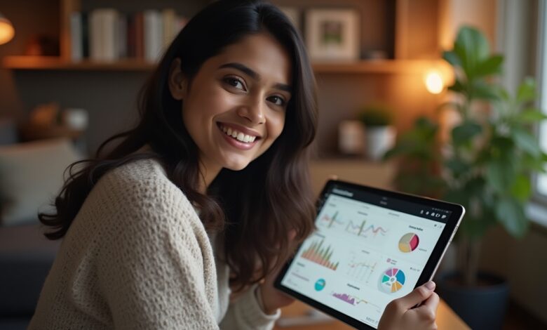 An Indian female content creator smiling and interacting with Instagram’s AI-powered insights on her tablet in a cozy, creative home office.