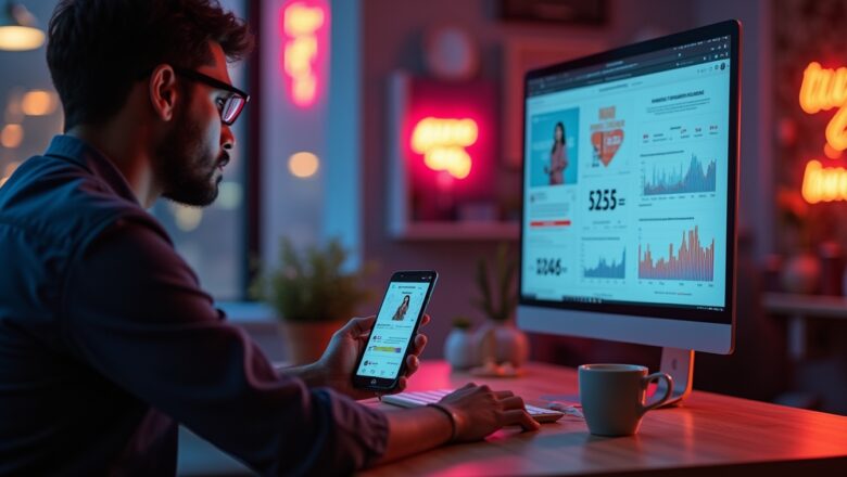Indian e-commerce marketer reviewing Instagram’s AI-Powered Shopping Ads dashboard with product tags and real-time performance analytics.