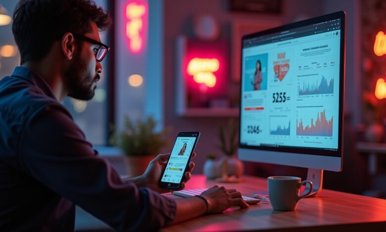 Indian e-commerce marketer reviewing Instagram’s AI-Powered Shopping Ads dashboard with product tags and real-time performance analytics.