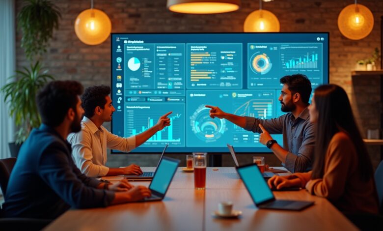 Business team analyzing Instagram AI-Powered Social Listening dashboard with real-time sentiment insights and trend detection tools.