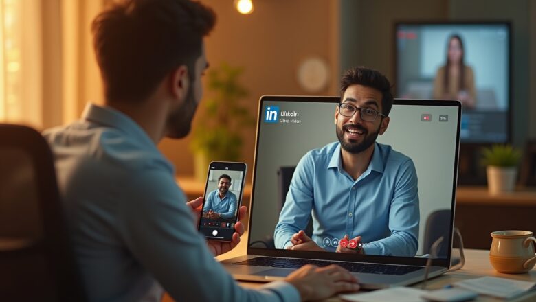 Indian professional hosting a LinkedIn Live Video session from a modern office, engaging with viewers through comments and reactions.