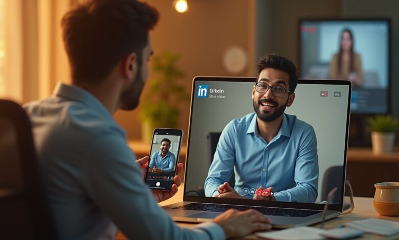 Indian professional hosting a LinkedIn Live Video session from a modern office, engaging with viewers through comments and reactions.