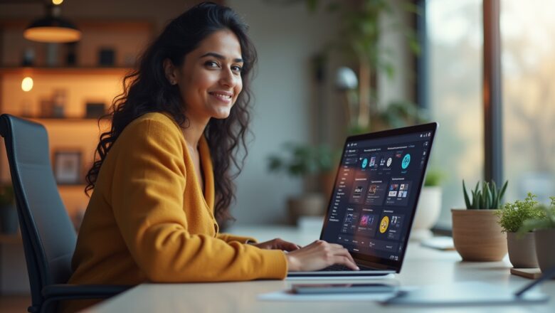 Retail marketer using Pinterest AI-Powered Ad Customization tools on a laptop to create personalized ad campaigns.