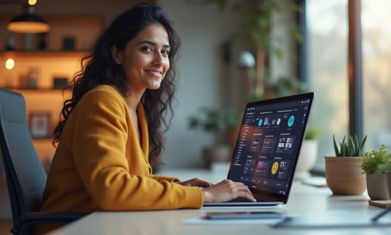 Retail marketer using Pinterest AI-Powered Ad Customization tools on a laptop to create personalized ad campaigns.