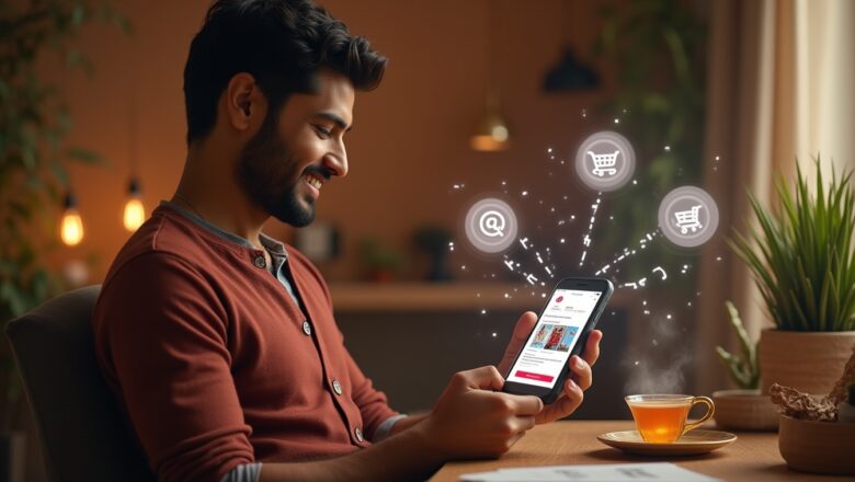 Indian male shopper interacting with Pinterest’s AI-powered Visual Shopping feature on a smartphone, browsing personalized product recommendations.