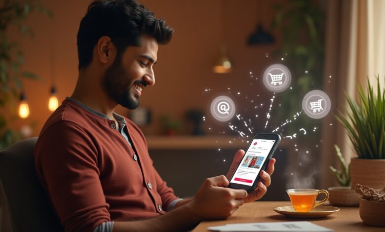 Indian male shopper interacting with Pinterest’s AI-powered Visual Shopping feature on a smartphone, browsing personalized product recommendations.