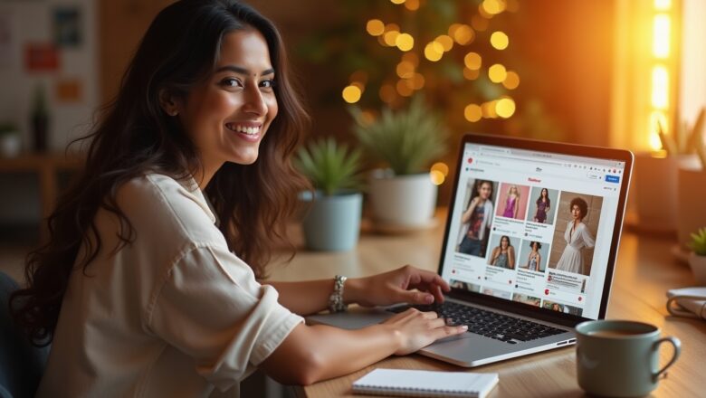 An Indian female entrepreneur smiling towards the camera while interacting with Pinterest’s Collaborative Boards for e-commerce brands on her laptop.
