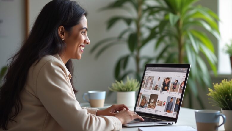 An Indian business owner interacting with Pinterest's Pin Board Collaboration feature on a laptop, showcasing shared group boards with multiple contributors.