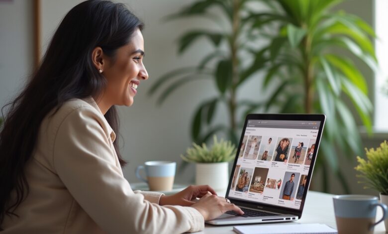 An Indian business owner interacting with Pinterest's Pin Board Collaboration feature on a laptop, showcasing shared group boards with multiple contributors.