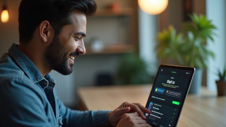 An Indian content creator smiling while interacting with Spotify’s AI-Driven Podcast Discovery feature on a tablet.