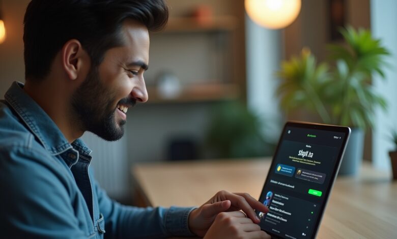 An Indian content creator smiling while interacting with Spotify’s AI-Driven Podcast Discovery feature on a tablet.