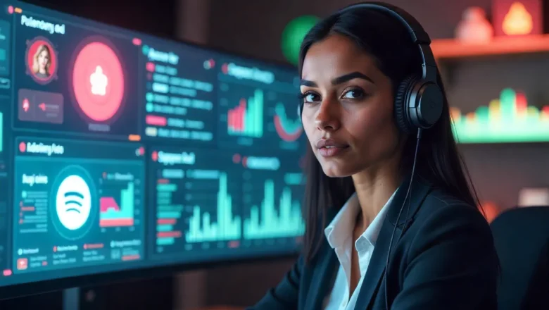 Spotify interface showing AI-powered interactive audio ad creation with script and voiceover tools