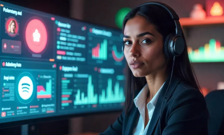 Spotify interface showing AI-powered interactive audio ad creation with script and voiceover tools