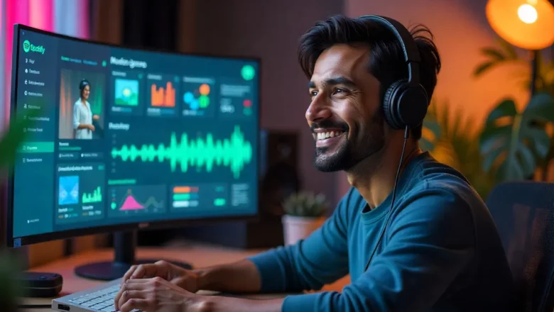 Spotify Ads Manager showcasing AI-generated music ad with custom script, AI voice, and background music options