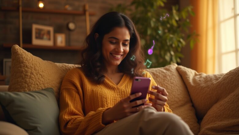 Indian music enthusiast using Spotify’s AI-powered Smart Playlist Recommendations on a smartphone, listening to a personalized playlist.