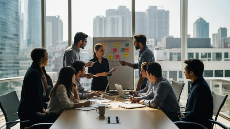 Diverse business team brainstorming around a table with a female leader presenting ideas on a whiteboard covered with sticky notes