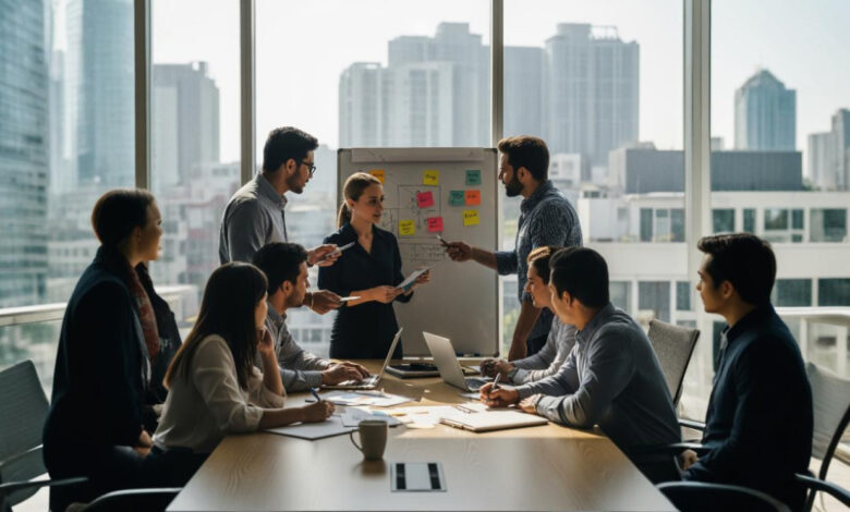 Diverse business team brainstorming around a table with a female leader presenting ideas on a whiteboard covered with sticky notes