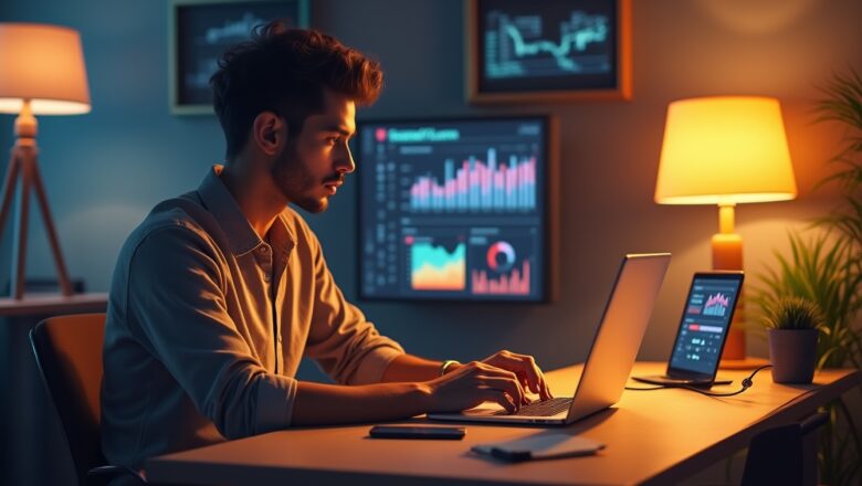 A marketer analyzing TikTok AI-based content discovery insights on a laptop and smartphone, optimizing ads for better engagement.