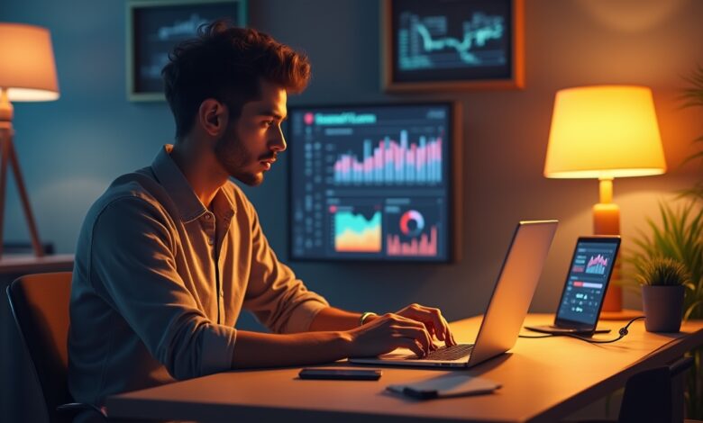 A marketer analyzing TikTok AI-based content discovery insights on a laptop and smartphone, optimizing ads for better engagement.