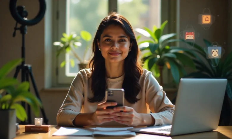 Indian influencer using AI-driven content creation tools on TikTok to generate and edit videos quickly.