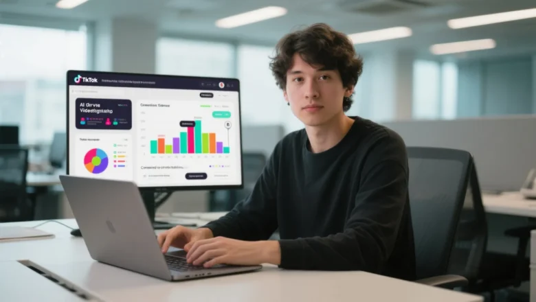 Marketer analyzing TikTok dashboard with AI-powered video ad targeting insights
