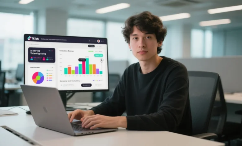 Marketer analyzing TikTok dashboard with AI-powered video ad targeting insights