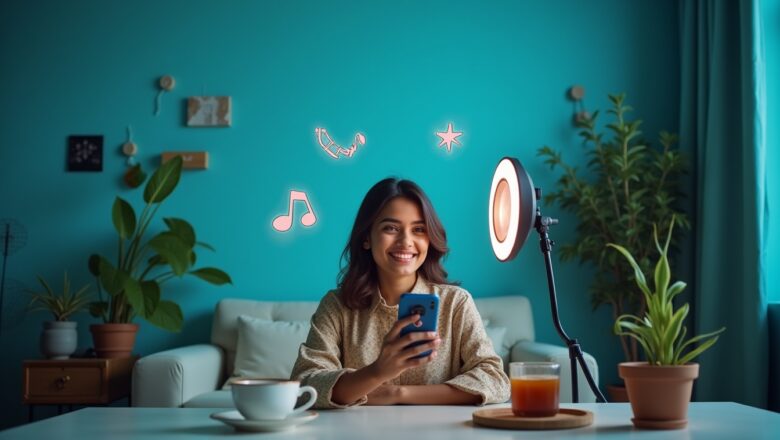 Indian content creator using TikTok’s AR filters in an ad campaign, creating engaging and interactive videos with branded effects.