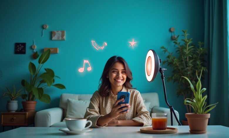 Indian content creator using TikTok’s AR filters in an ad campaign, creating engaging and interactive videos with branded effects.