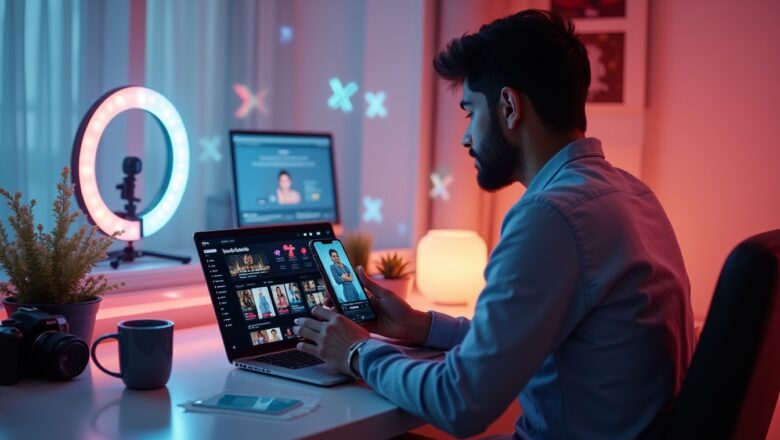 Indian influencer and brand manager reviewing TikTok Creator Marketplace dashboard with AI-powered creator matching recommendations for campaign planning.