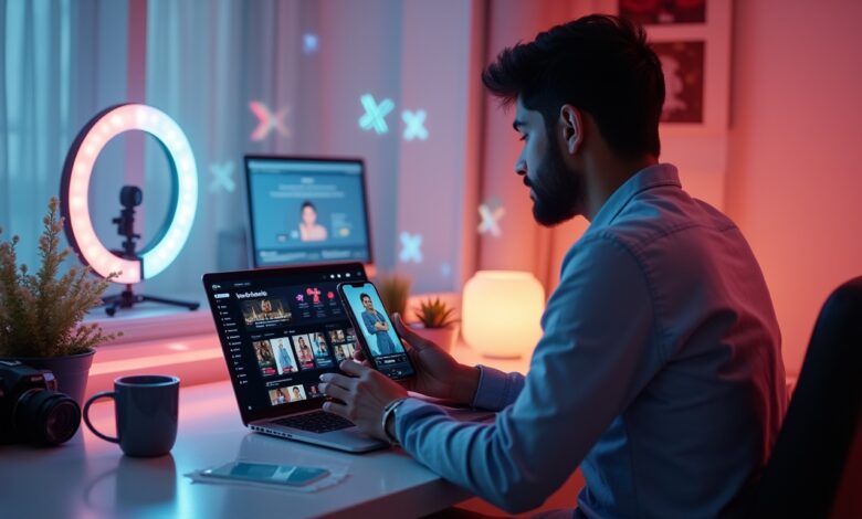 Indian influencer and brand manager reviewing TikTok Creator Marketplace dashboard with AI-powered creator matching recommendations for campaign planning.